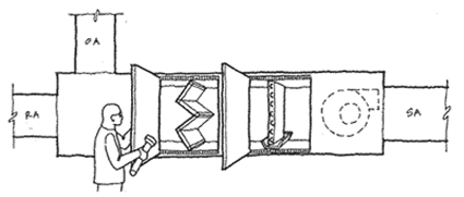 Man with flashlight examining a flow-hood