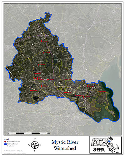 Map of report card/monitoring points for the Mystic River Watershed