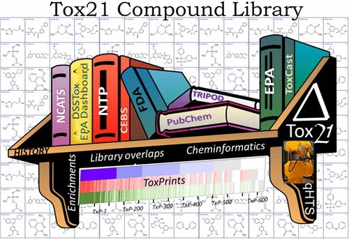 A bookshelf with the title "Tox 21 Library" over it. The bookshelf contains books with names of each of the partners in Tox 21 including EPA, FDA, NTP, and NCATS. It also contains books that have the titles PubChem, TRIPOD, and EPA Dashboard. 