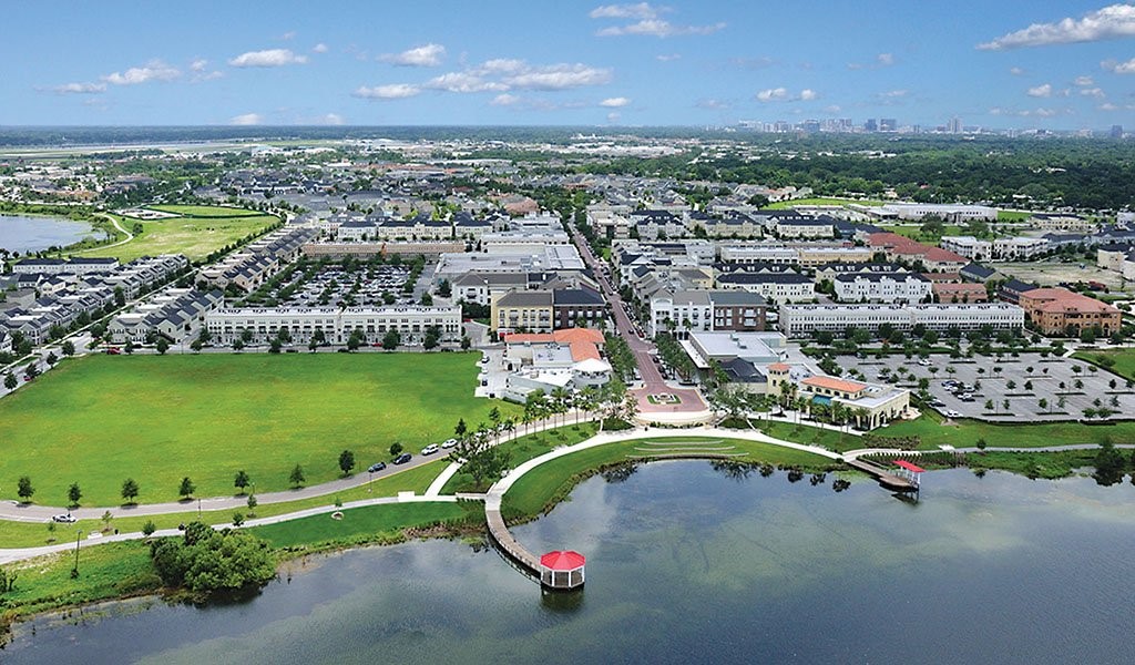 Aerial view of Baldwin Park, many buildings next to water and green spaces