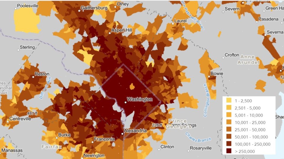 Map shows where more jobs are accessible via transit in the Washington DC region