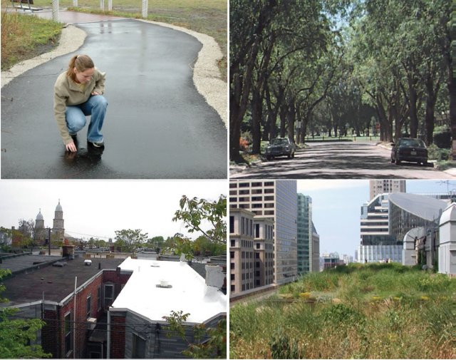 An Image comprised of four panes, showing a woman on a black asphalt path, showing a suburban road lined with shading trees,  showing a pair of buildings one with a black roof and the other with a white reflective roof, and finally an image showing a patc