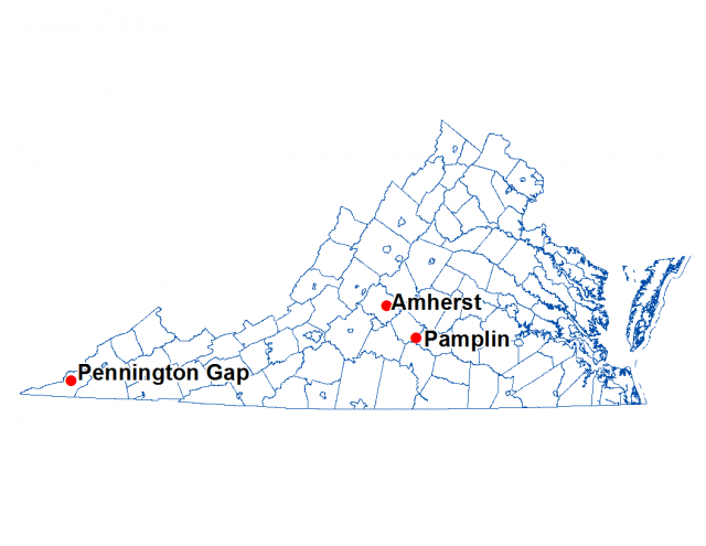 Map of Virginia with the towns of Amherst, Pamplin and Pennington Gap highlighted