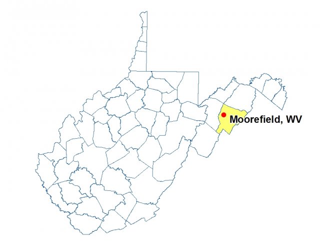 A map of West Virginia highlighting the location of Moorefield.