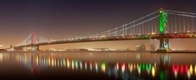 The Walt Whitman Bridge at night.