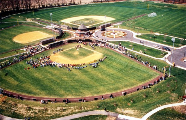 Aerial photograph of the new baseball fields, now open to the public, at Lipari Landfill site