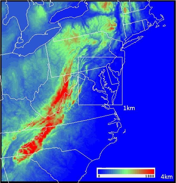 Depiction of the 4-km and 1-km WRF-CMAQ domains (terrain height shown in meters). The 12-km domain (not shown) covers the entire continental U.S., including southern Canada and northern Mexico.