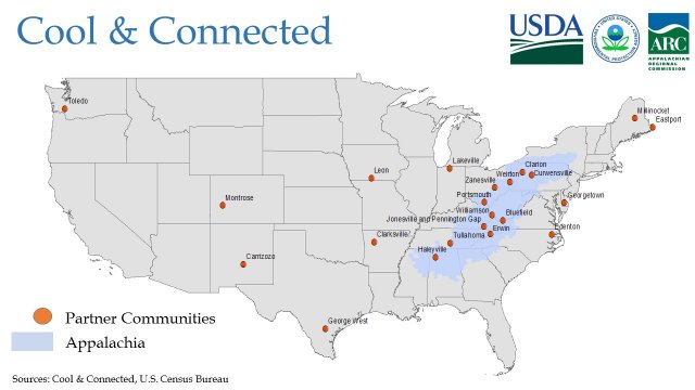 Cool and Connected partner communities highlighted with orange dots and their names, as shown on a map of the United States