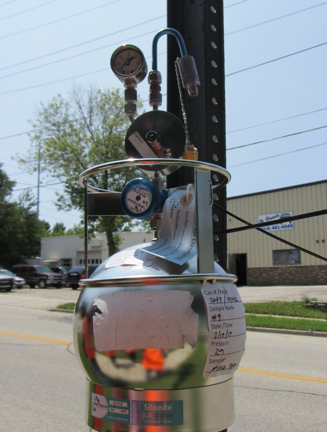 Air canister collects ambient air samples outside the St. Francis facility for analysis.