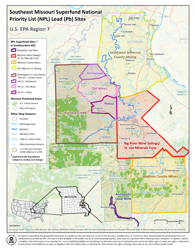 image of southeast Missouri NPL Lead Sites Map - May 2017