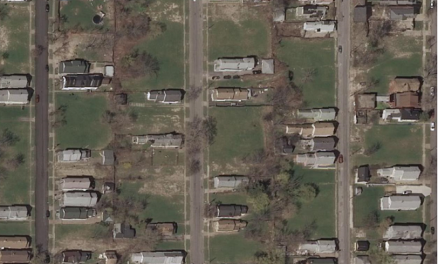 Bird’s-eye view of an urban residential neighborhood. 