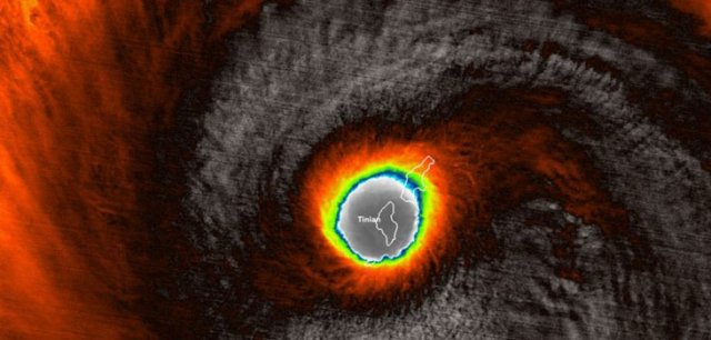 Image from space of Typhoon Yutu with Guam and the Mariana Islands outlined