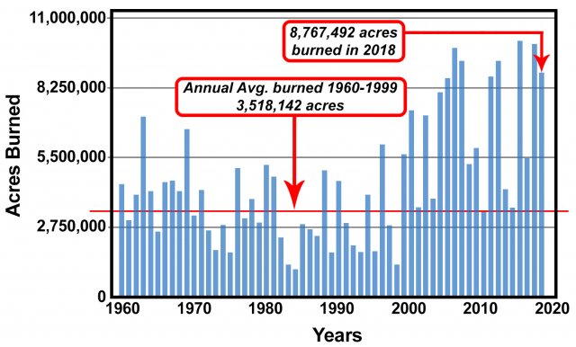 Annual acreage burned by wildfire between 1960 and 2020 shows an upward trend when plotted on a bar chart.  Annual average burned from 1960-1999 is 3,518,142 acres.  8,767,494 acres burned in 2018.