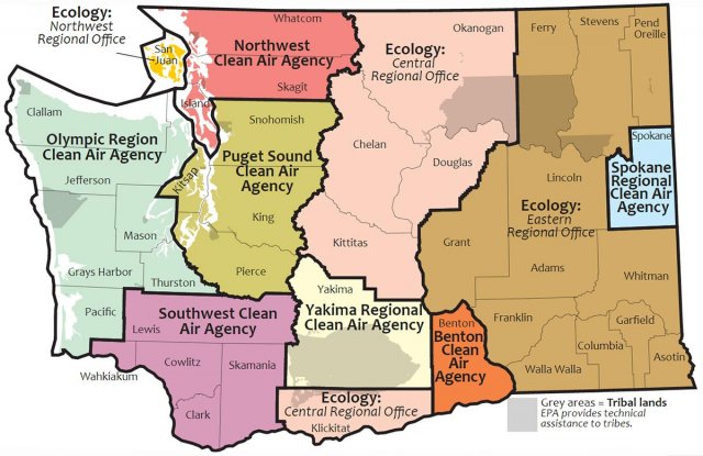 Map showing jurisdiction by county for clean air agencies in Washington.