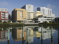 Attractive multistory building reflected in water