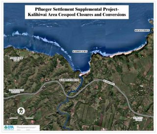 Aerial photo showing Kalihiwai beach and a stream where cesspool closures and coversions will be done as a Supplemental Environmental Project.