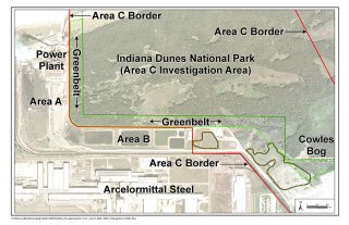 Aerial view of the NIPSCO Bailly site showing the location of Cowles Bog, the greenbelt and the SWMUs in Area C, and the border with Area A and Area B.