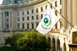 Image of EPA headquarters building in Washington, D.C. with EPA flag flying