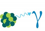 This image shows a nucleus represented by small blue and green circles, with a squiggly line shooting out of the nucleus, representing an gamma ray.