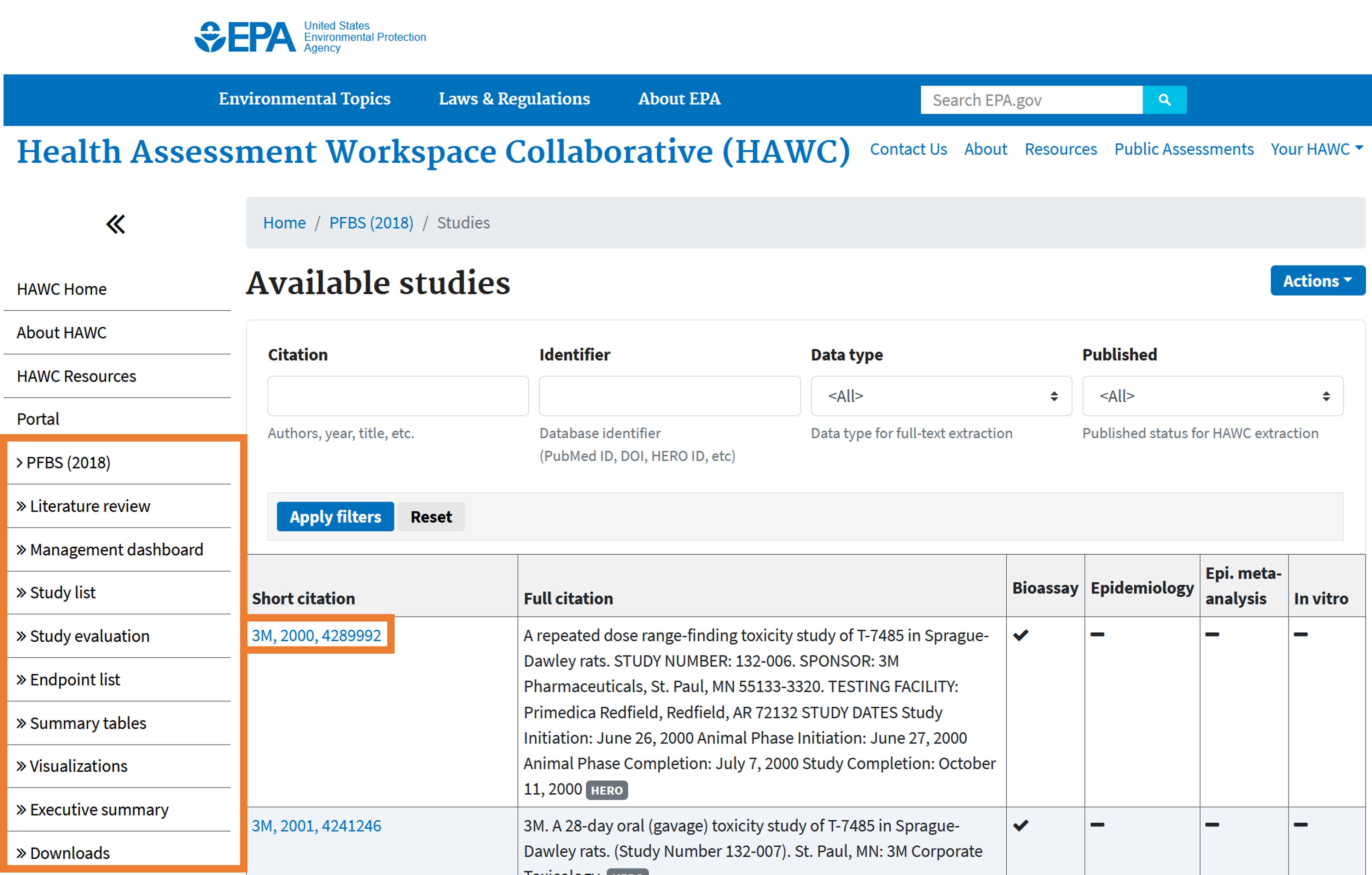 Illustration of a view in HAWC showing the representative studies list