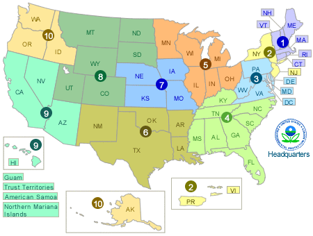 Map of the US, split into EPA regions