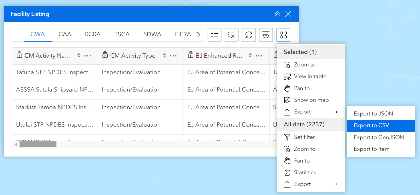 Screenshot of the facility listing with export to csv selected 