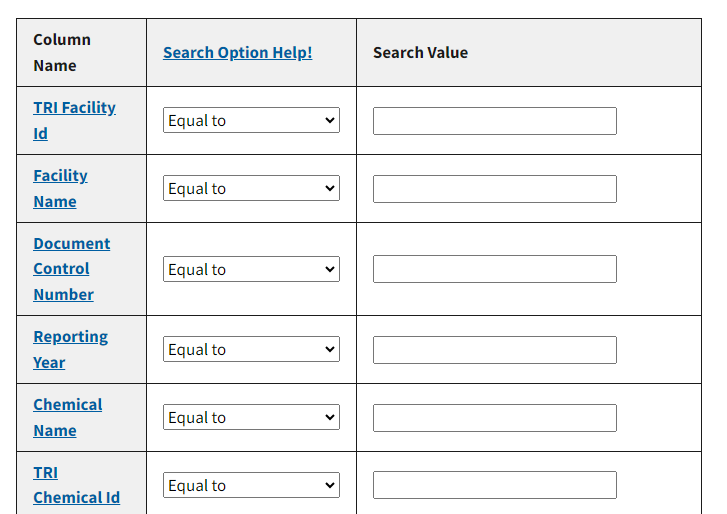 Screenshot of Envirofacts TRI Form R & A Download interface