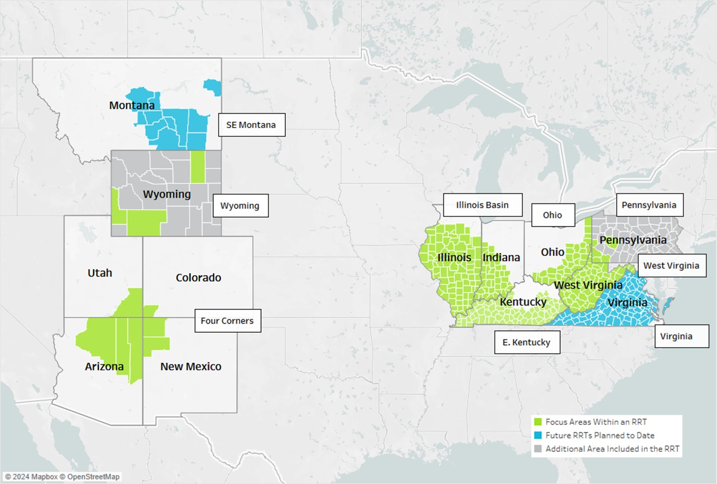 Map of RRT covered areas by county with labels that highlight focus areas with an RRT (Illinois Basin, Indiana, Ohio, Kentucky, Arizona, New Mexico, Colorado, Utah and Wyoming), future RRTs planned to date (West Virginia, Virginia and Montana), and additional areas included in the RRT (Pennsylvania, Wyoming)