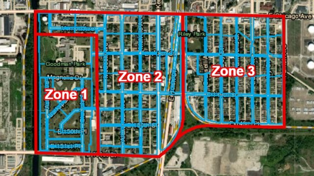 Map with area divided into three zones