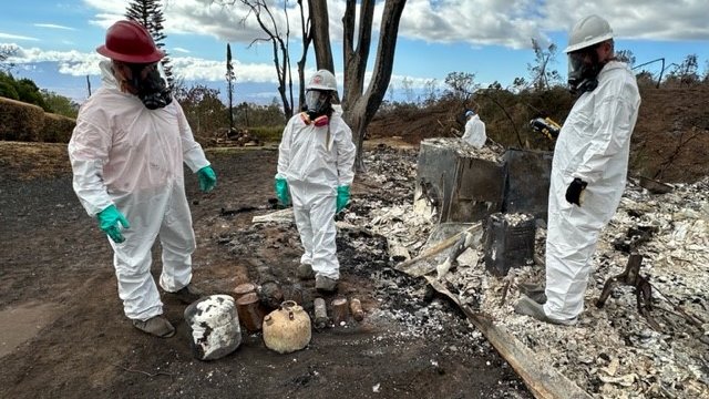 Hazardous materials removal field team collects hazardous materials at an affected property in Kula.