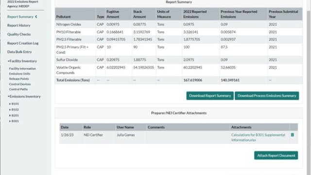 Screenshot of Industry Emissions Report Summary Page in CAERS