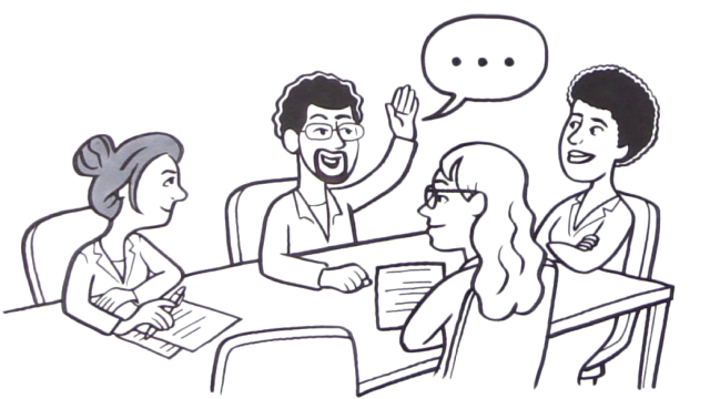 Illustration of 4 people meeting at a table and having a discussion