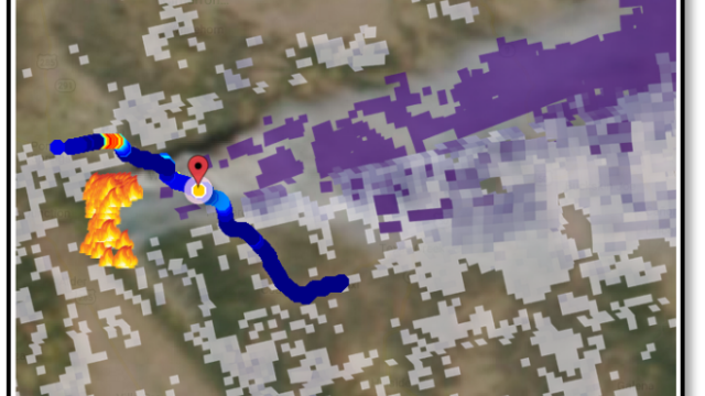 RETIGO interface with user data on a map and VIIRS satellite aerosol optical depth overlayed to show the smoke plume.