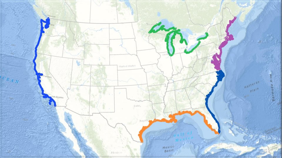 Map of the continental United States showing the west coat, gulf coast, southeast, and northeast coastal areas outlined as well as the Great Lake  coastal areas.