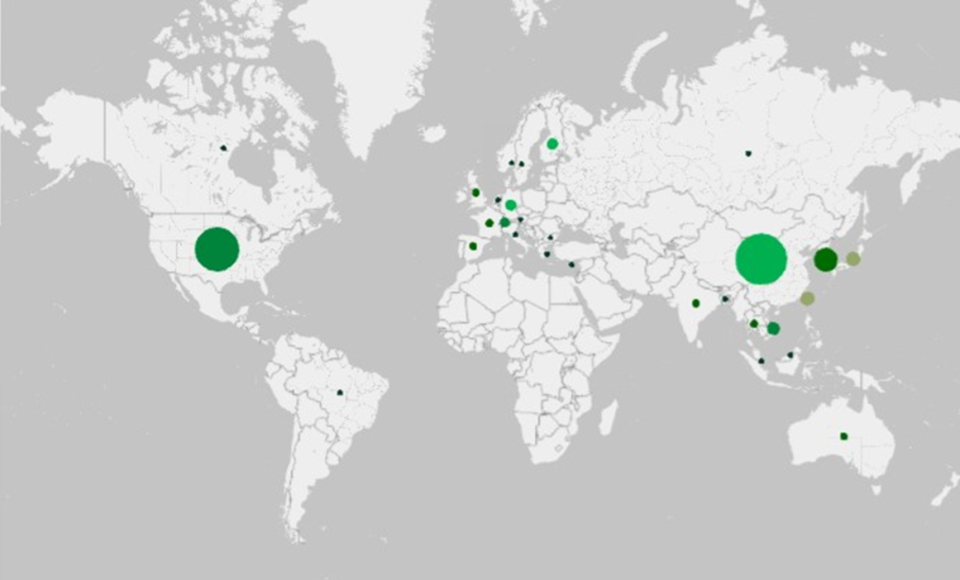 Distribution of CMAQ publications per co-authoring country. Publications are counted for an institution if at least one of the article’s authors lists that country as their affiliated institution’s address. Compiled from Web of Science data.