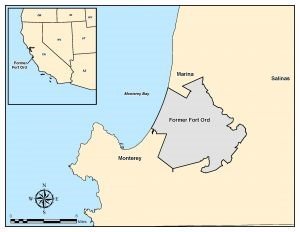 Map of the location of the former Fort Ord Army Base near Monterey Bay 