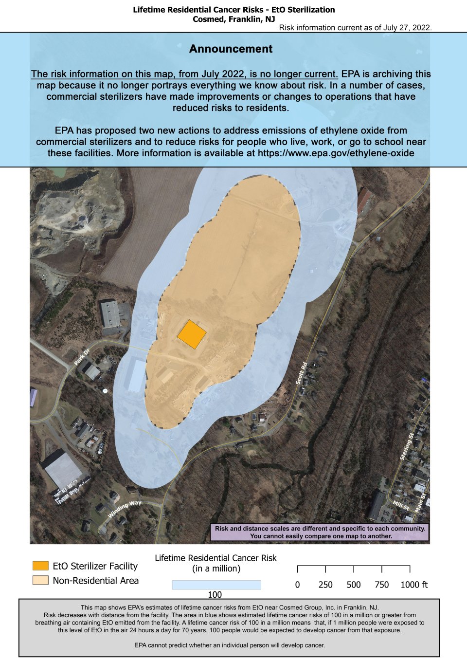 Este mapa muestra la estimación de la EPA acerca de los riesgos de cáncer de por vida al respirar óxido de etileno cerca de Cosmed of NJ ubicado en 19 Park Drive, Franklin, NJ.  El riesgo estimado de cáncer disminuye al alejarse de la instalación.  Más cerca de la instalación, el riesgo estimado de cáncer de por vida es de 100 en un millón. Este 100 en un millón se extiende y luego disminuye cerca de Alliance Sheet Metal al oeste, Ballyowen Golf Club al norte, el río Wallkill al este y Winding Way al sur.