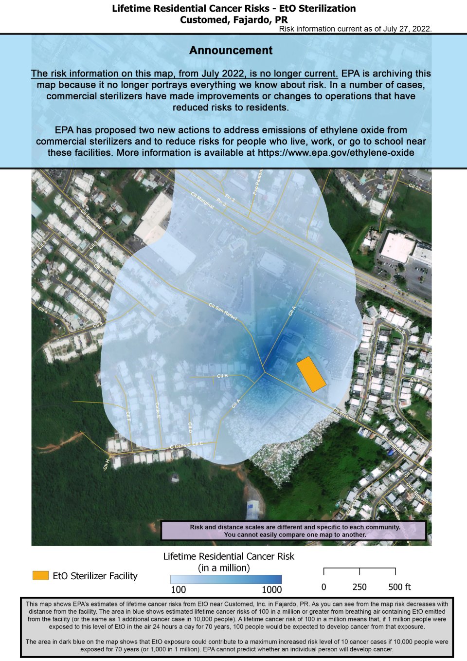 Este mapa muestra la estimación de la EPA de los riesgos de padecer cáncer de por vida por respirar óxido de etileno cerca de Customed, Inc. ubicada en Carretera Igualdad #7 en Fajardo, PR.  El riesgo estimado de padecer cáncer disminuye en la medida en que se mantenga una distancia con respecto a la instalación.  En la zona más cercana a la instalación, el riesgo estimado de padecer cáncer de por vida es de 1000 por 1 millón de personas. Esto disminuye a 100 por 1 millón de personas y se extiende cerca de 