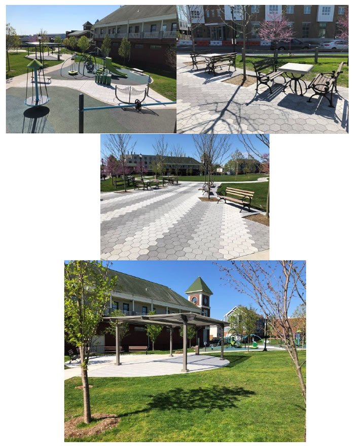 Photo collage of Ryan Park (including playground, picnic/gathering area, walking paths, and event pavilion)