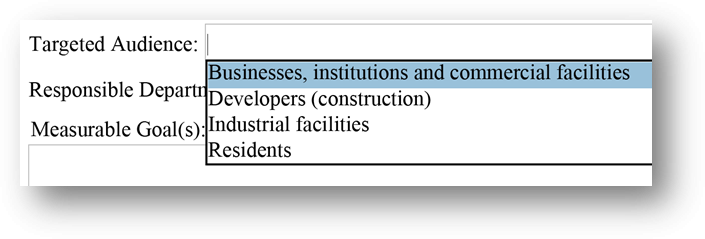 Screenshot of Targeted Audience & Responsible Department/Parties sections from MS4 Year 4 Annual Report Templates