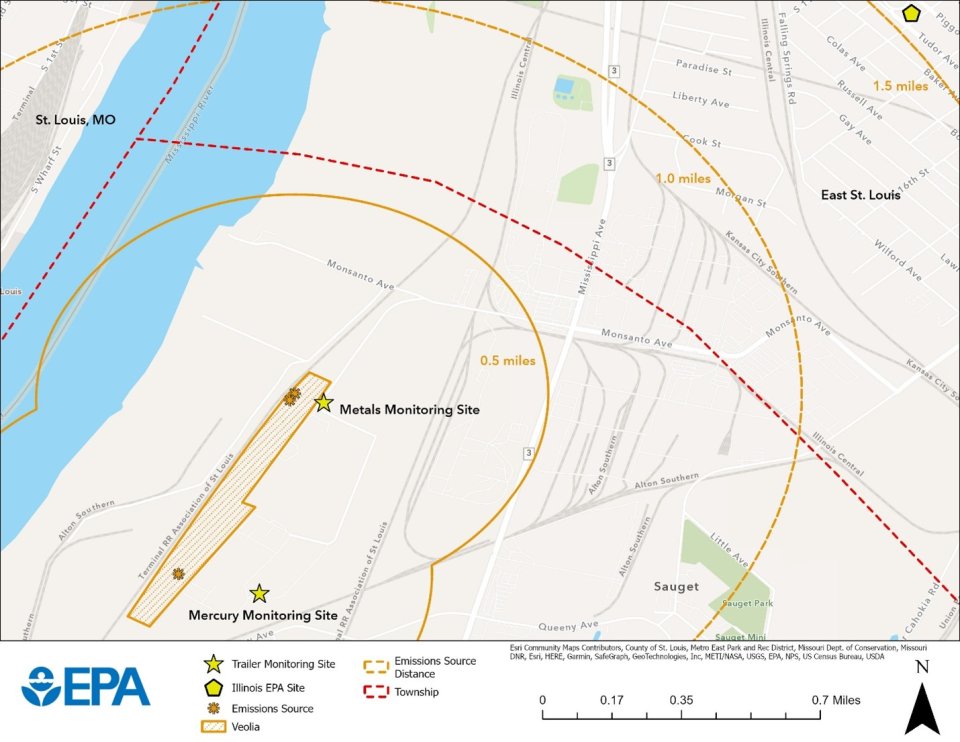 EPA placed two temporary monitoring sites in Sauget, Illinois, near the Veolia facility.  The mercury monitoring site is located about 750 feet directly east of Veolia’s southern emissions stack.  The metals monitoring site is located just east of Veolia’s two northern emission stacks.  The Illinois EPA operates a permanent air monitoring site approximately 1.5 miles to the northeast of Veolia’s northern emission stack.