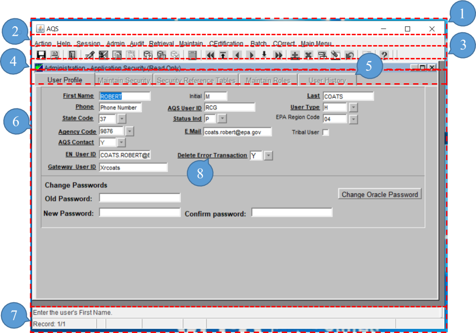 AQS User Profile with specific sections highlighted