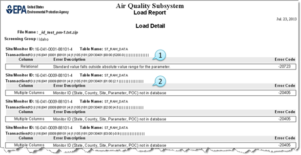 Screen capture of the third page of the AQS load report