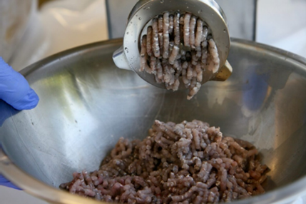 Ground fish exiting the grinder.