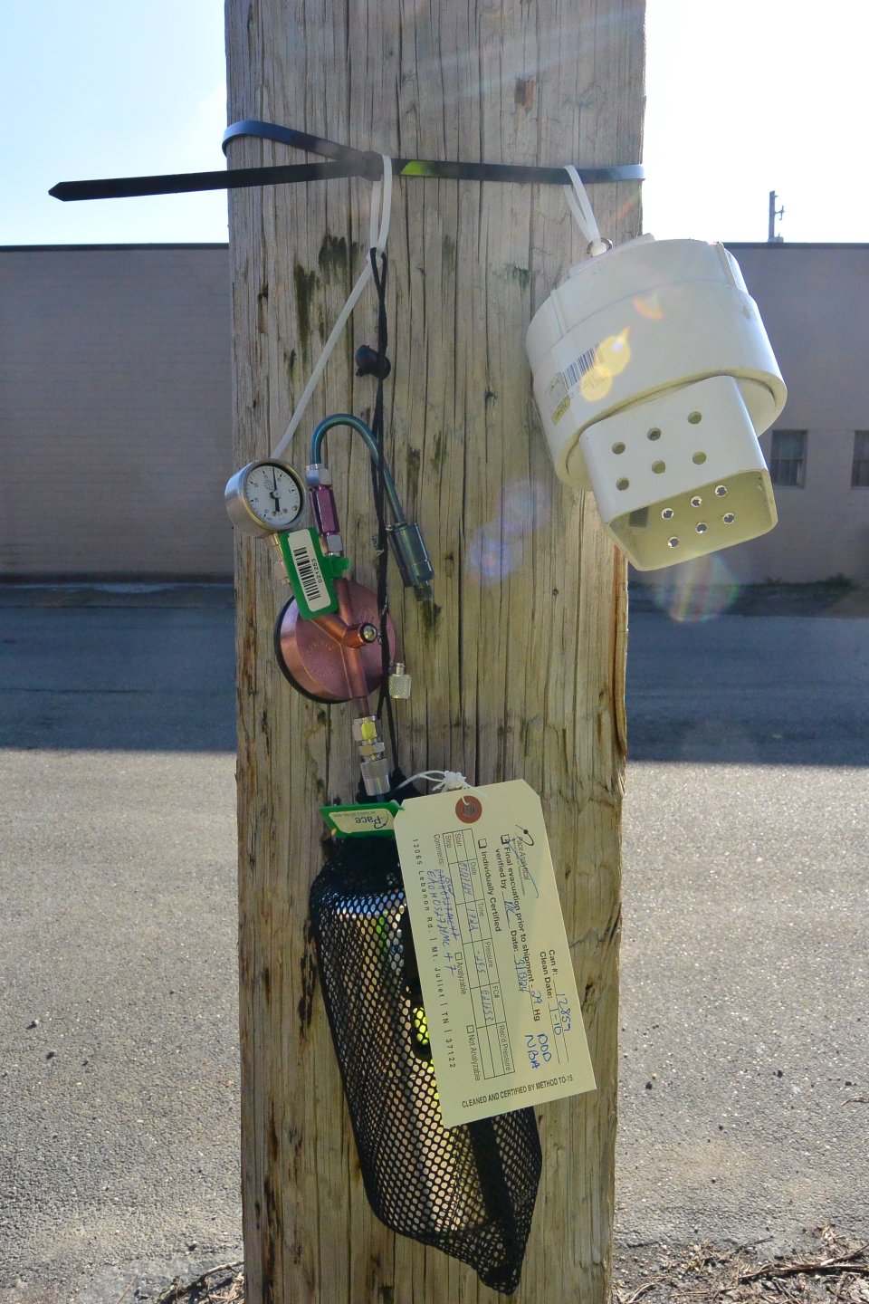 Air sampling devices next to Sulphur Run during culvert cleaning