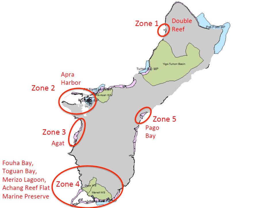 Five candidate zones for coral reef restoration are indicated as circles around the coast of Guam.