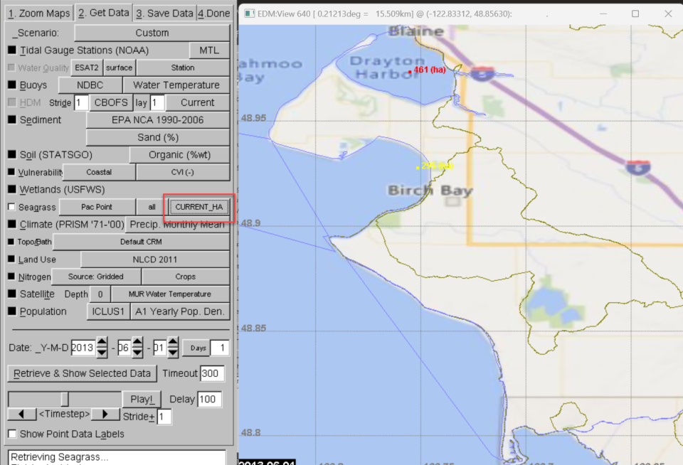 EDM map showing Seagrass CURRENT_HA selected