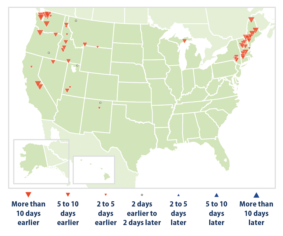 Map showing changes in the timing of the peak spring flow carried by rivers and streams across the United States.