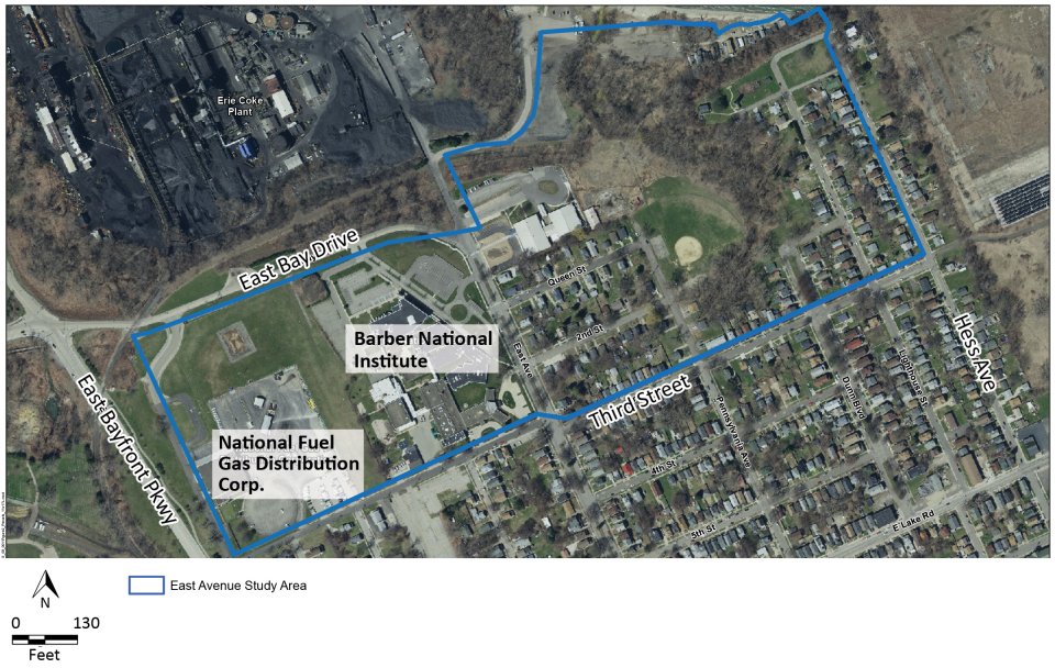 This map shows the boundaries of the East Avenue Study Area.