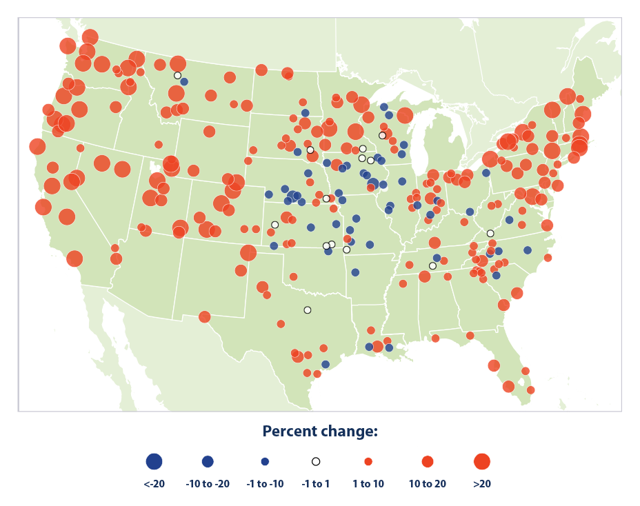 Map showing percent change in growing degree days in the contiguous 48 states between 1948 and 2023.